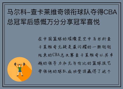 马尔科-查卡莱维奇领衔球队夺得CBA总冠军后感慨万分分享冠军喜悦